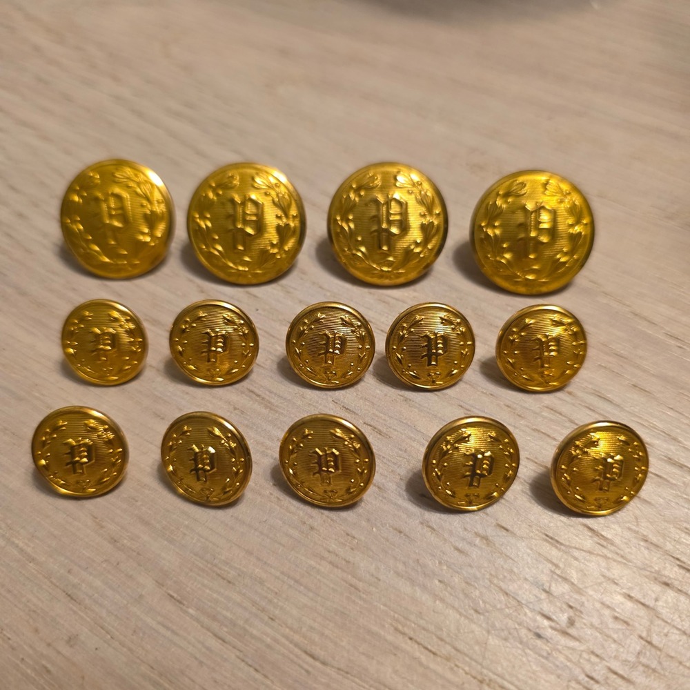 14 Vtg Waterbury Button Gold Tone Crest Letter P Police Blazer Buttons USA
